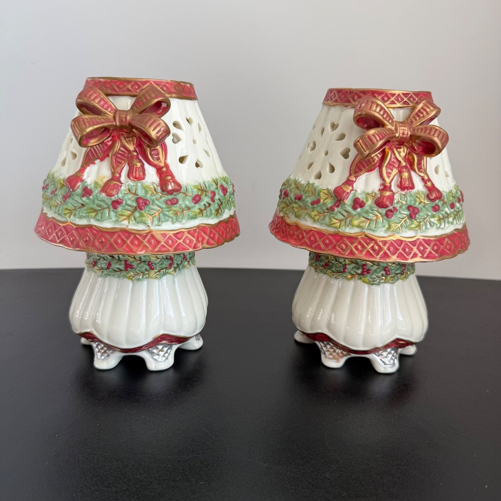 Ceramic Christmas Lamp Votive Candle Holder Set Red Gold Holly Berry 7.5in